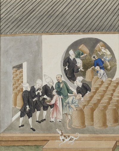 Turbanned Dutch VOC merchants smell tea for quality in a Canton (Guangzhou) tea warehouse, c.1770 by Chinese School